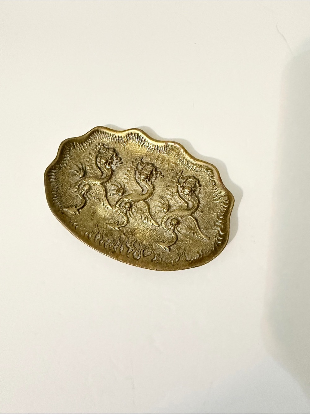 Vintage Brass Embossed Asian Chinese Dragon Trinket Tray Scalloped 5 Claw Fire